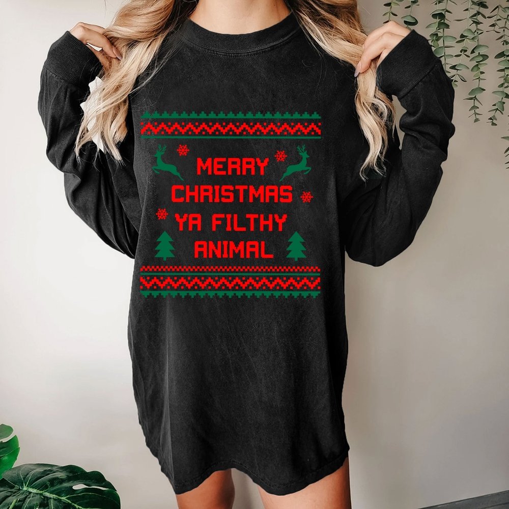Merry Christmas Ya Filthy Animal  funny Washed Long Sleeve Tee
