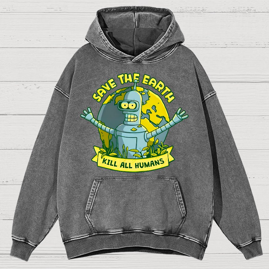 Save The Earth Kill All Humans Vintage Distressed Hoodie