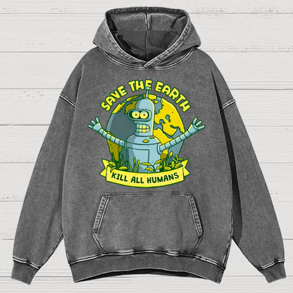 Save The Earth Kill All Humans Vintage Distressed Hoodie