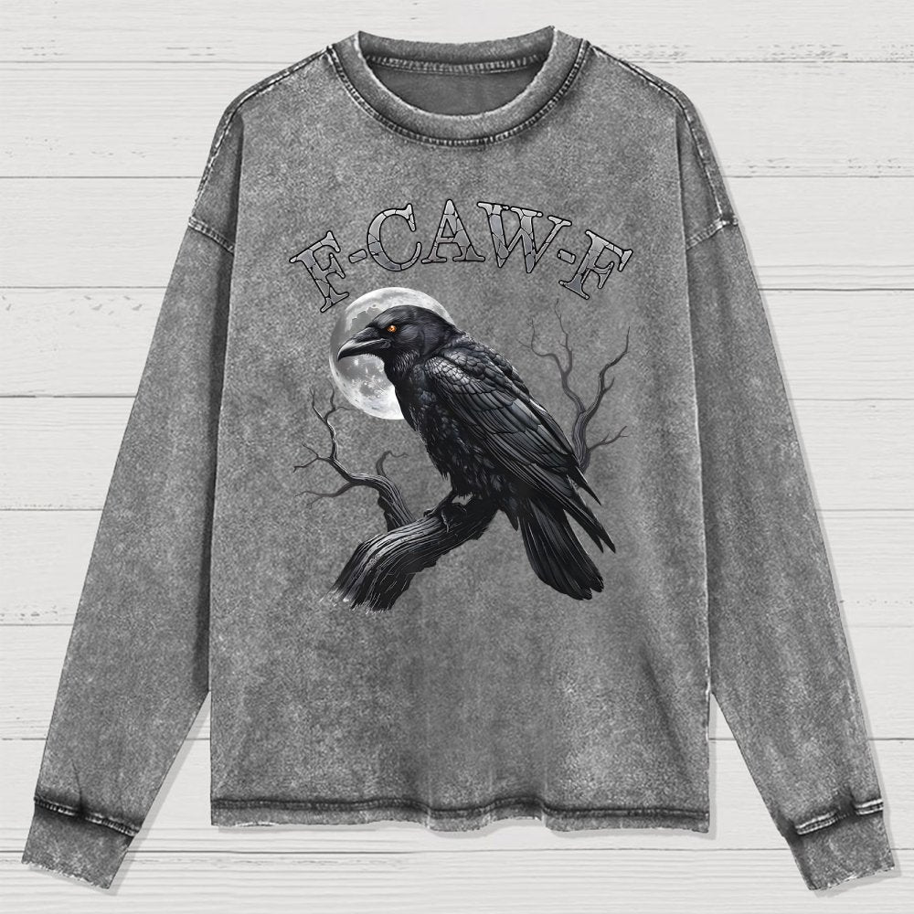 Black Crow F-Caw-F Funny Black Bird Moon Washed Long Sleeve Tee