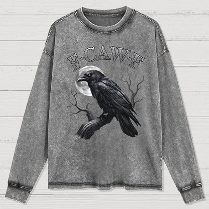 Black Crow F-Caw-F Funny Black Bird Moon Washed Long Sleeve Tee