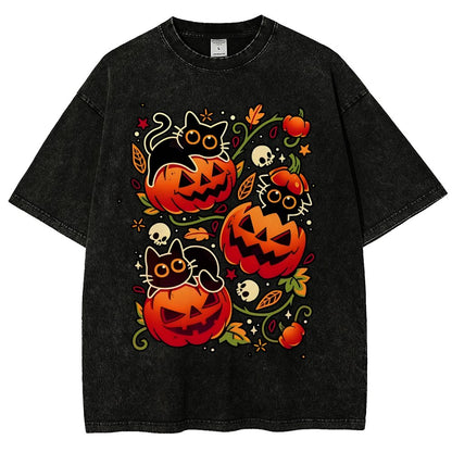 Black Cat Pumpkin Halloween Party Vintage Distressed T-shirt