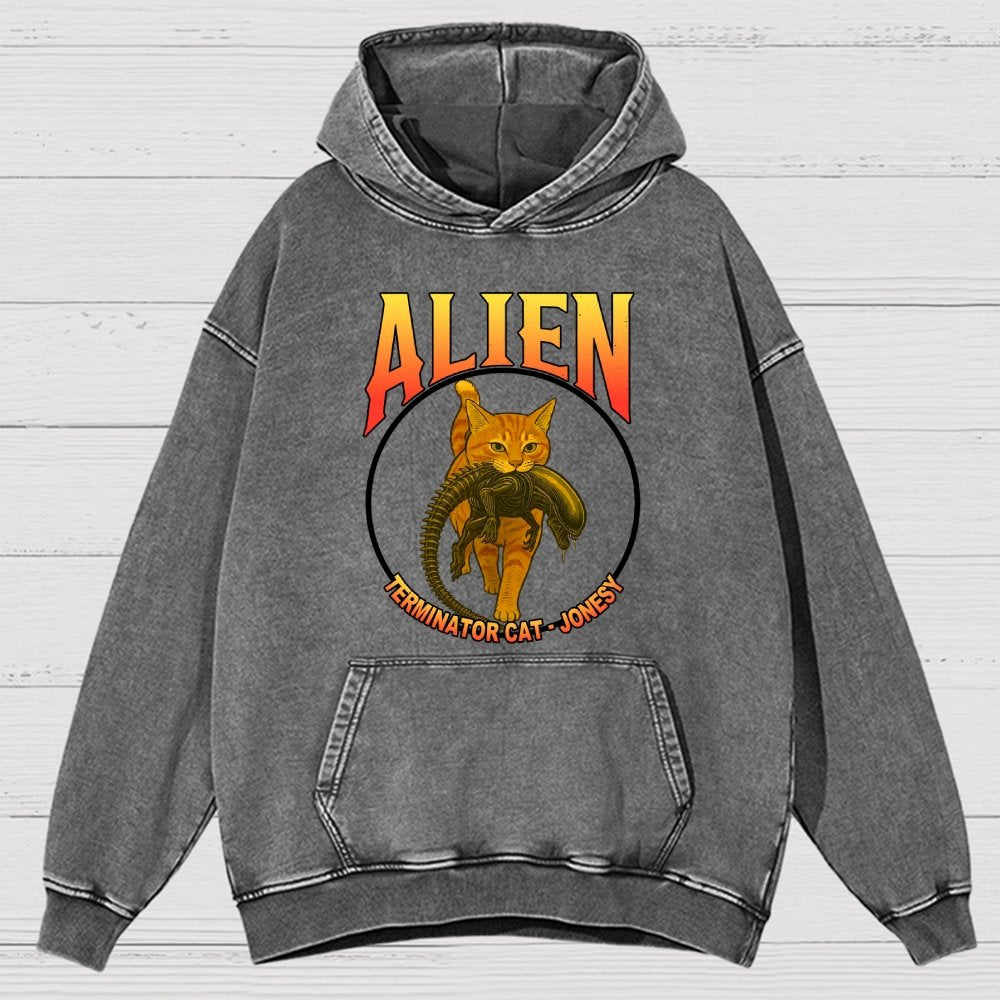 Black Cat Eating Alien Vintage Distressed Hoodie