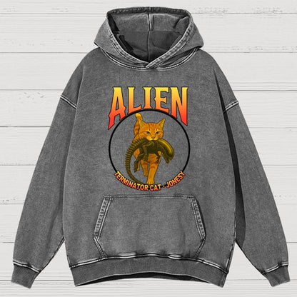 Black Cat Eating Alien Vintage Distressed Hoodie