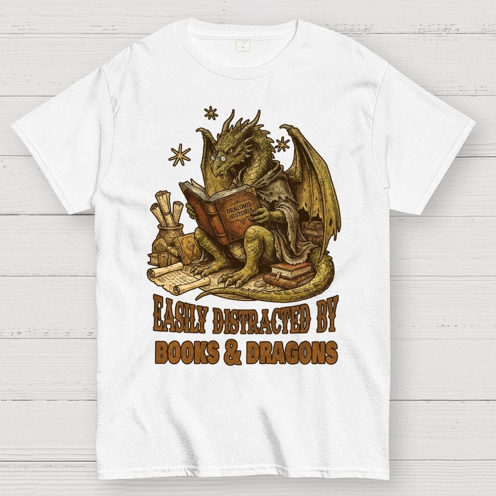 Easily Distracted By Books And Dragons Geek T-Shirt