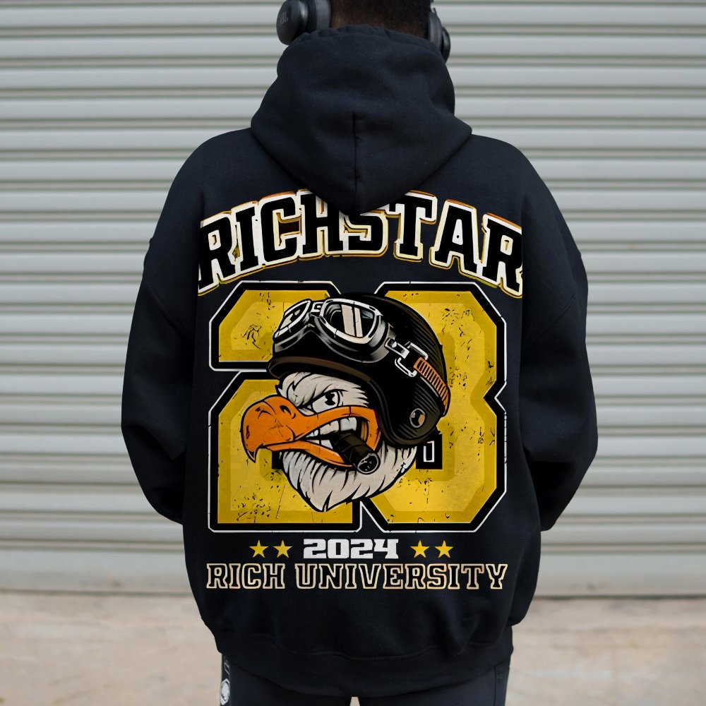 Vintage Rich Star Graphic Print Printed Back Cotton Hoodie