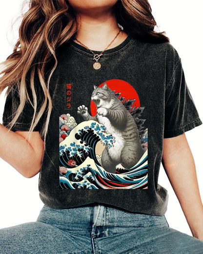 Catzilla Cat Japanese Art Vintage Distressed T-shirt