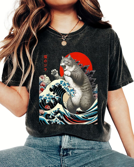 Catzilla Cat Japanese Art Vintage Distressed T-shirt