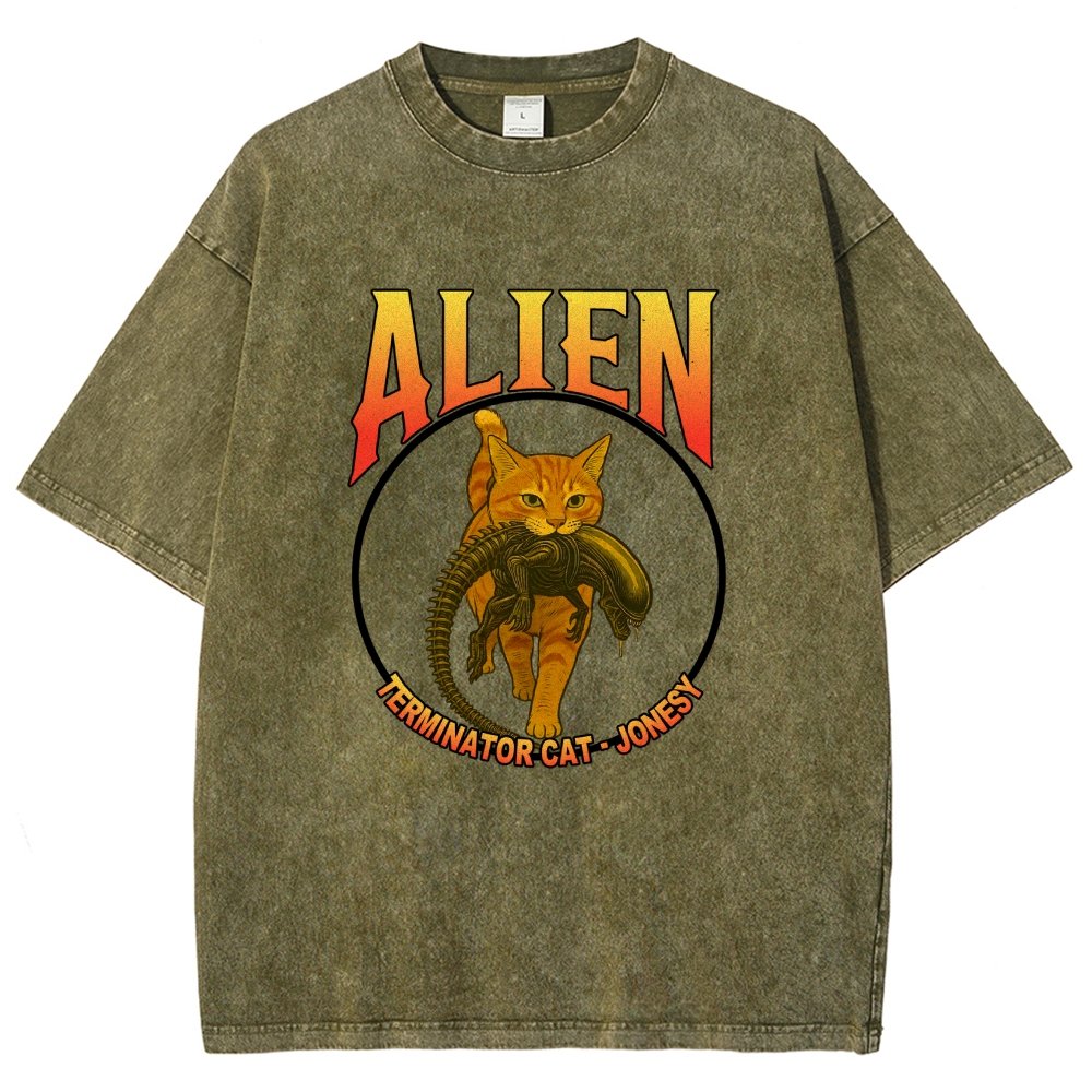 Black Cat Eating Alien Vintage Distressed T-shirt