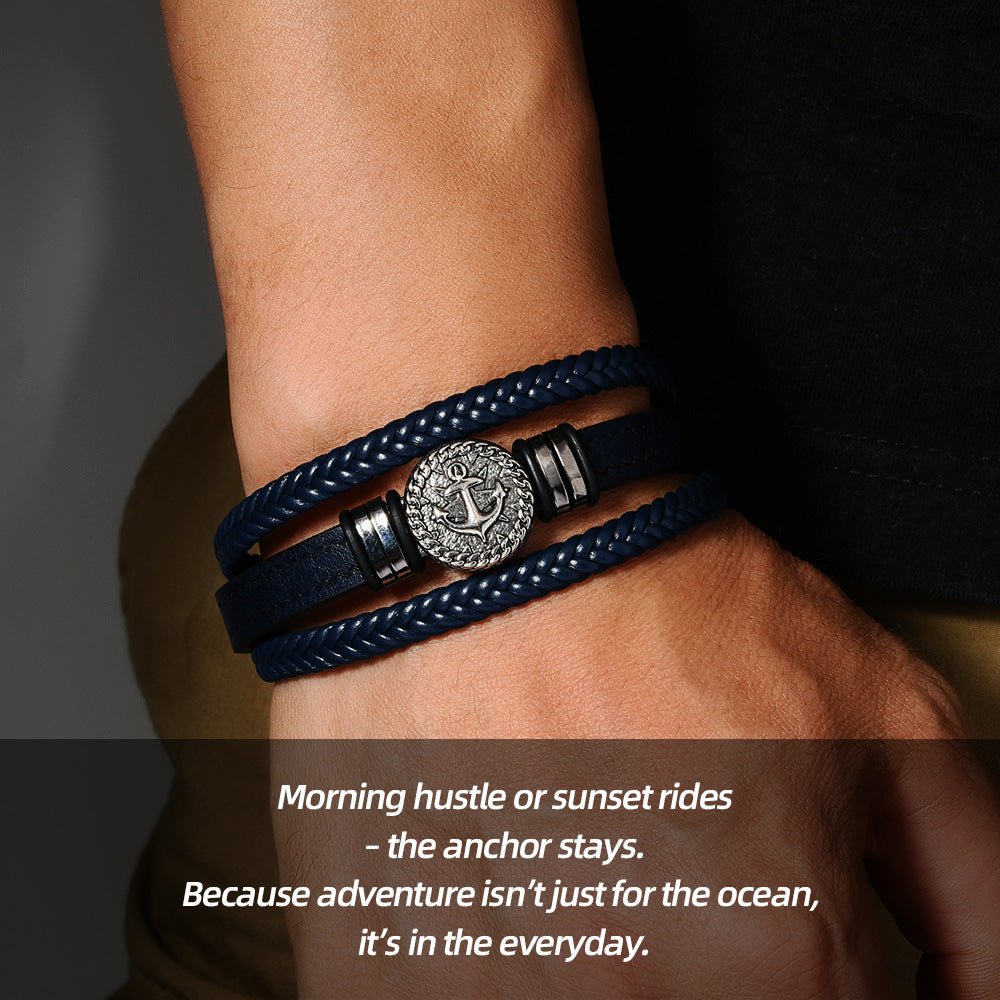 Vintage Anchor Leather Bracelet | Stacked braids, anchor rebellion – ride the wave