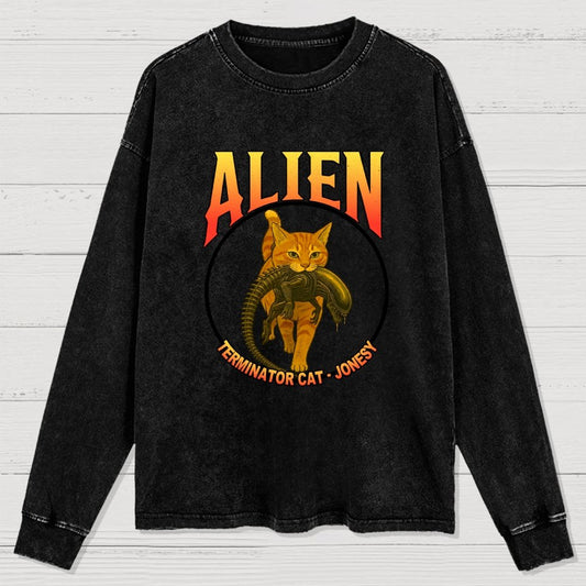 Black Cat Eating Alien Washed Long Sleeve Tee
