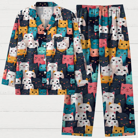 Cat Art Print Geek Long Sleeve Pajama Set