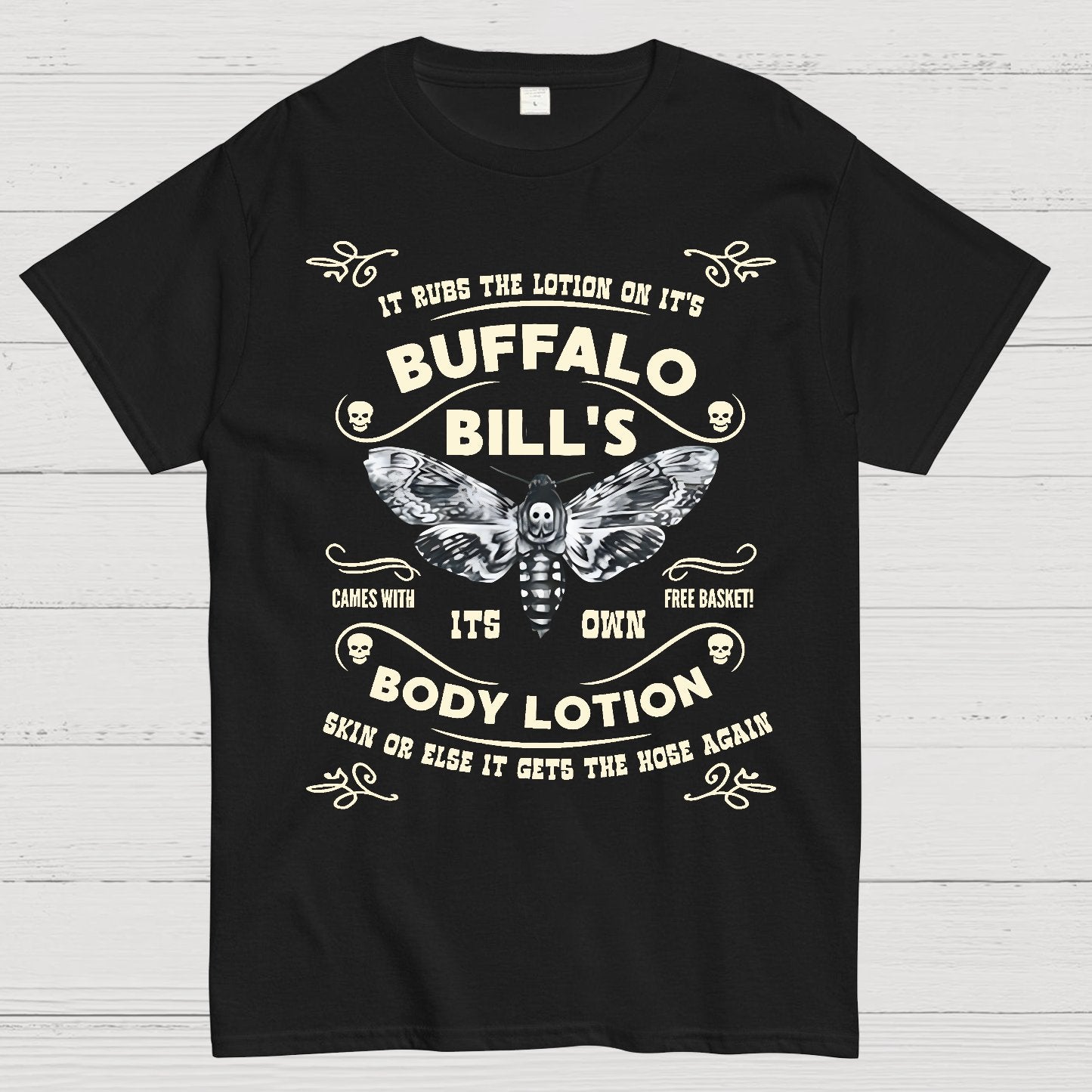 Mysterious Goth Body Lotion Deaths Head Moth Horror Geek T-Shirt