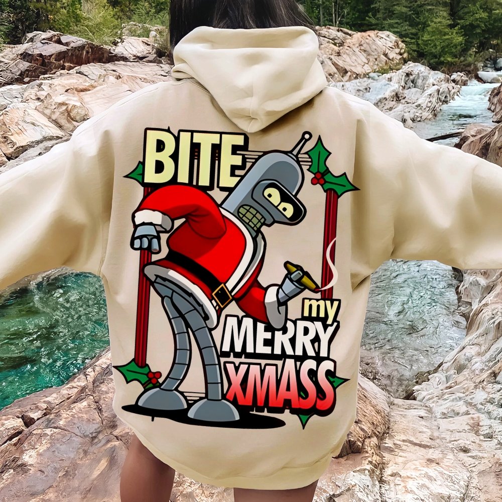 Happy Christmas From Robot Printed Back Cotton Hoodie