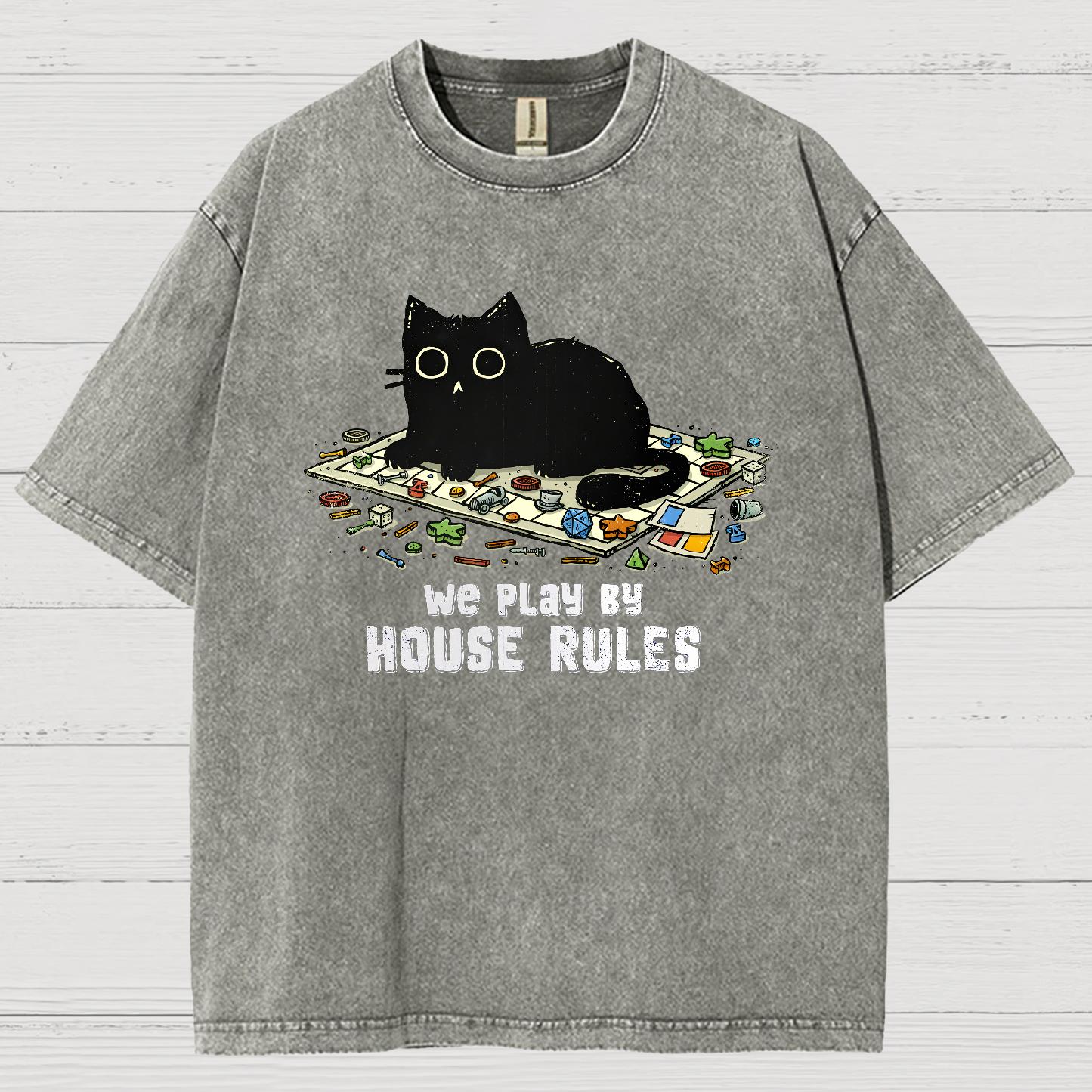 We Play By House Rules Funny Cat Vintage Distressed T-shirt
