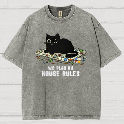 We Play By House Rules Funny Cat Vintage Distressed T-shirt