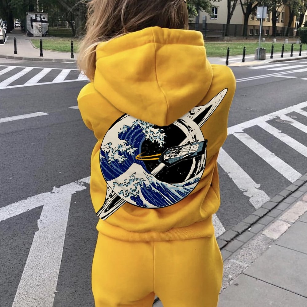 Interstellar Kanagawa Wave Printed Back Cotton Hoodie