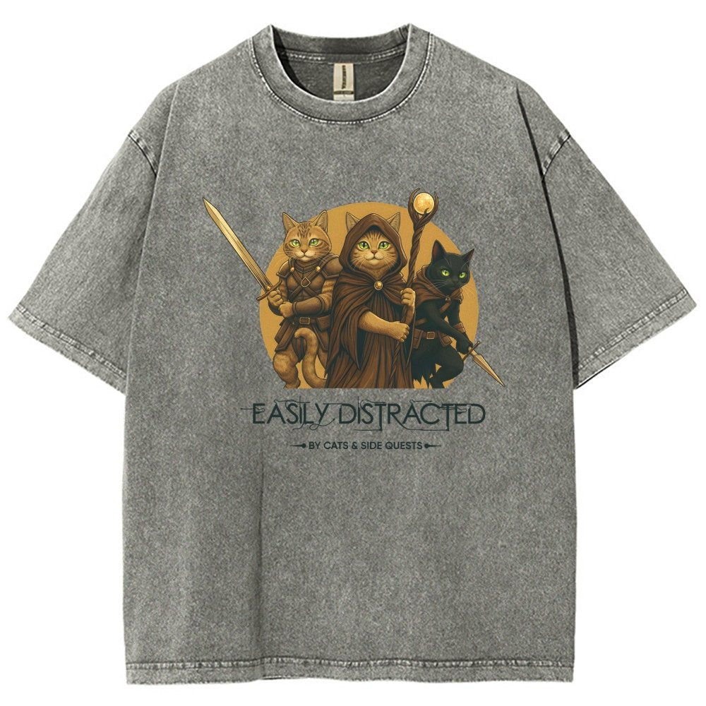 Easily Distracted By Cats And Side Quests Vintage Distressed T-shirt