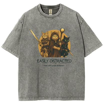 Easily Distracted By Cats And Side Quests Vintage Distressed T-shirt