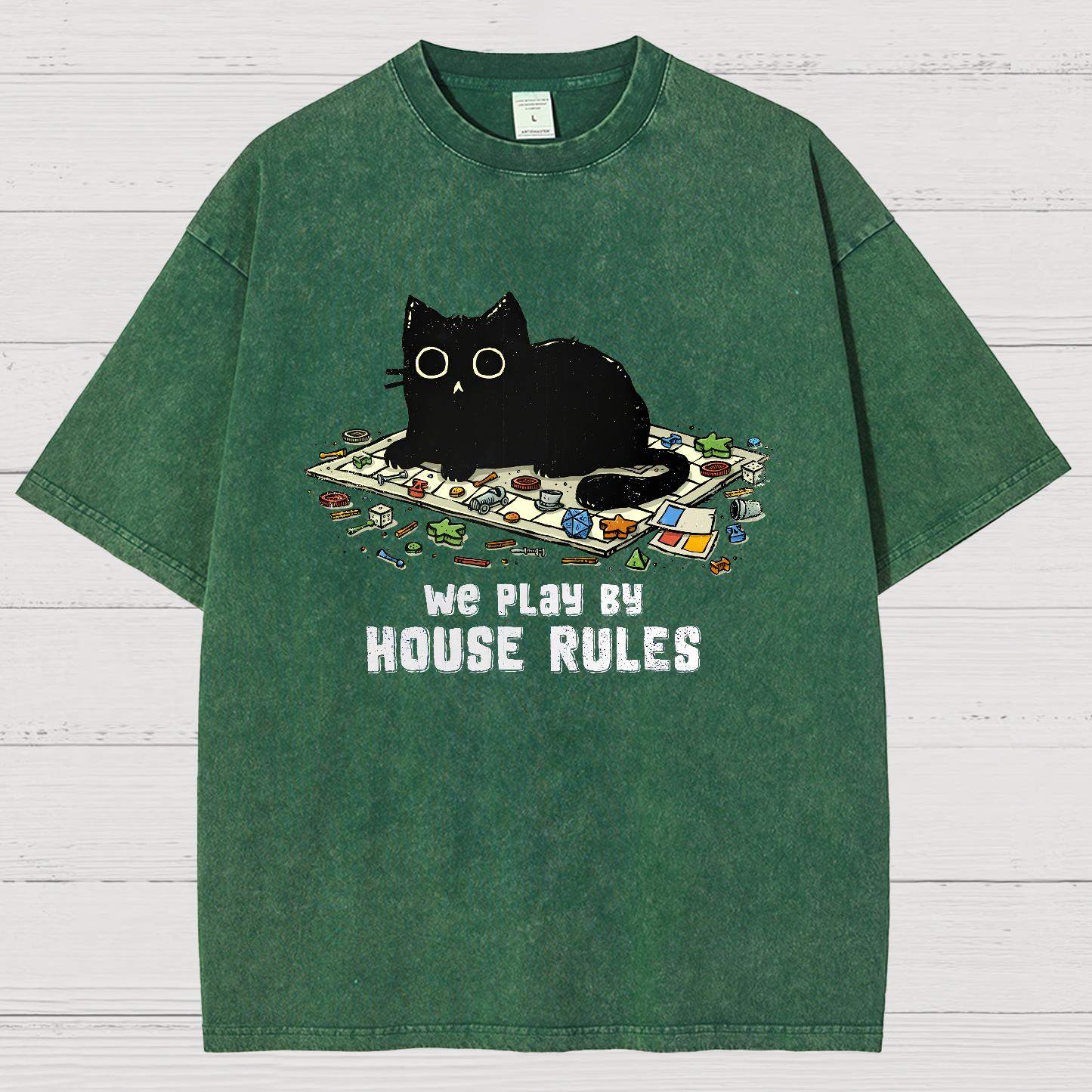 We Play By House Rules Funny Cat Vintage Distressed T-shirt