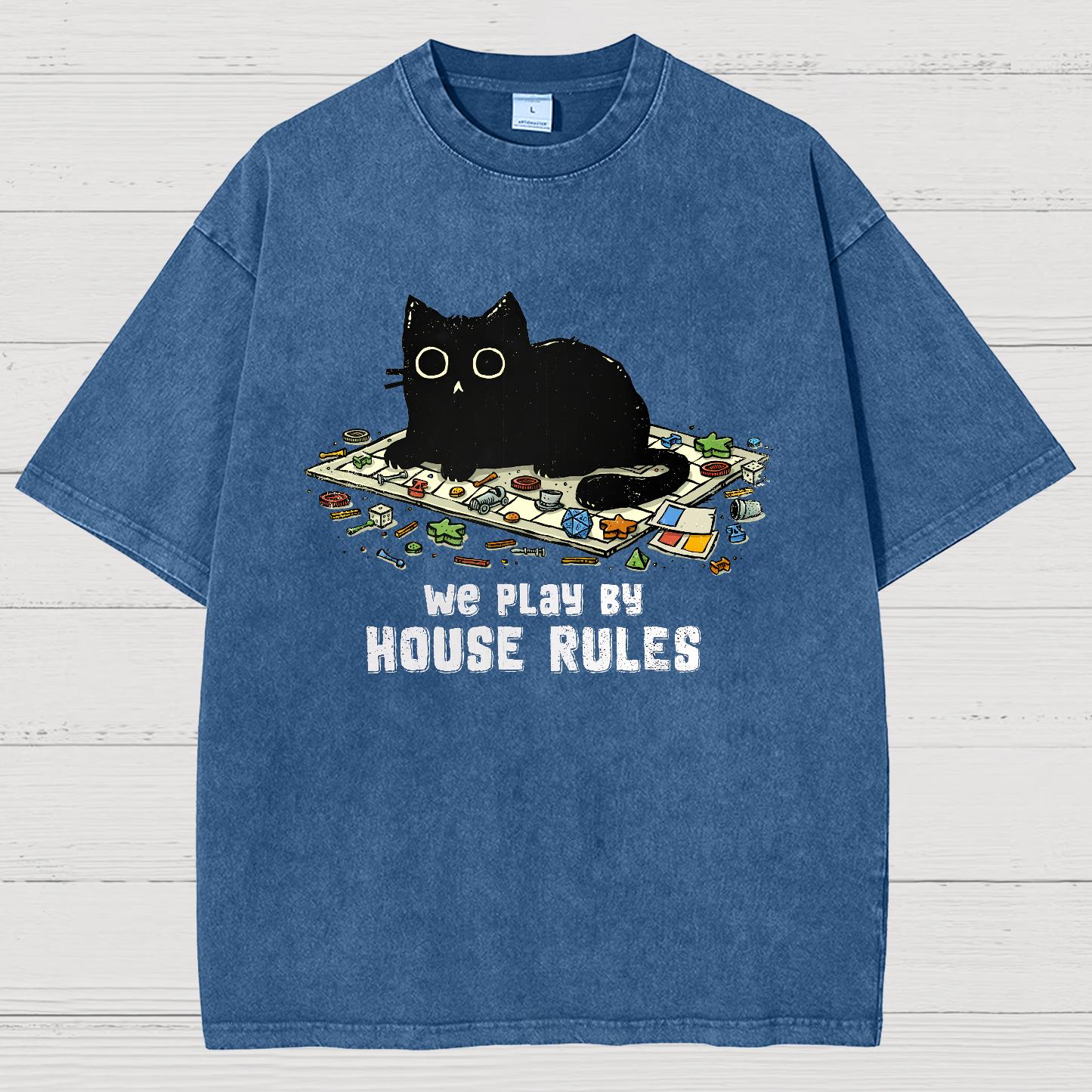 We Play By House Rules Funny Cat Vintage Distressed T-shirt