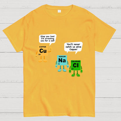Funny Salt and Copper Periodic Table Police Pun Geeky T-Shirt