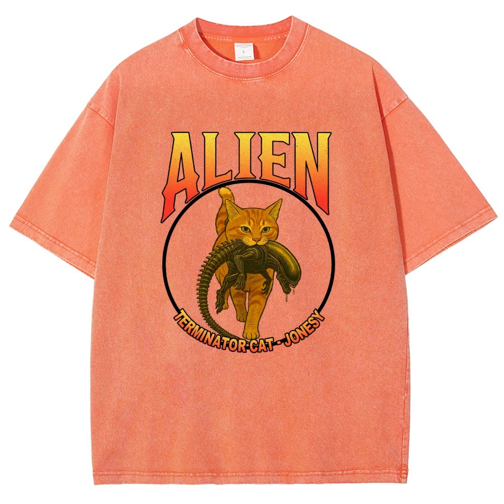 Black Cat Eating Alien Vintage Distressed T-shirt
