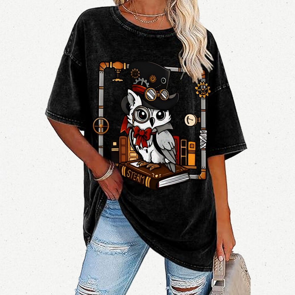 Steampunk Owl Vintage Distressed T-shirt