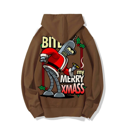 Happy Christmas From Robot Printed Back Cotton Hoodie