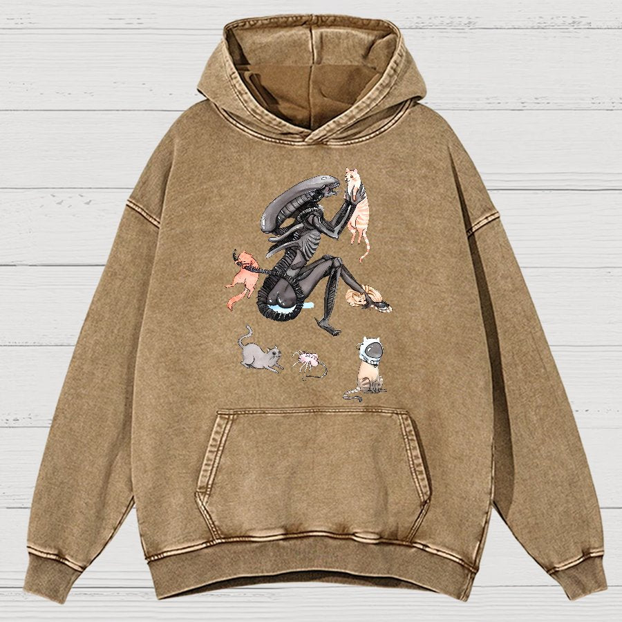 Funny Alien And Cat Vintage Distressed Hoodie