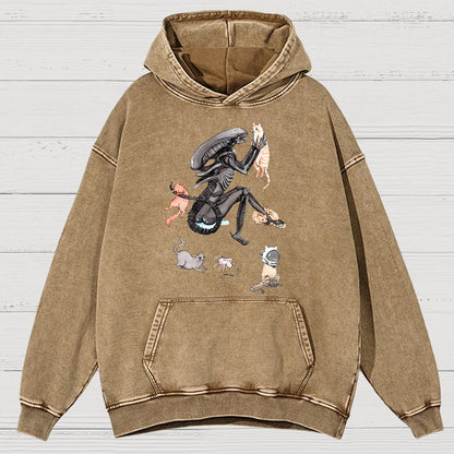 Funny Alien And Cat Vintage Distressed Hoodie