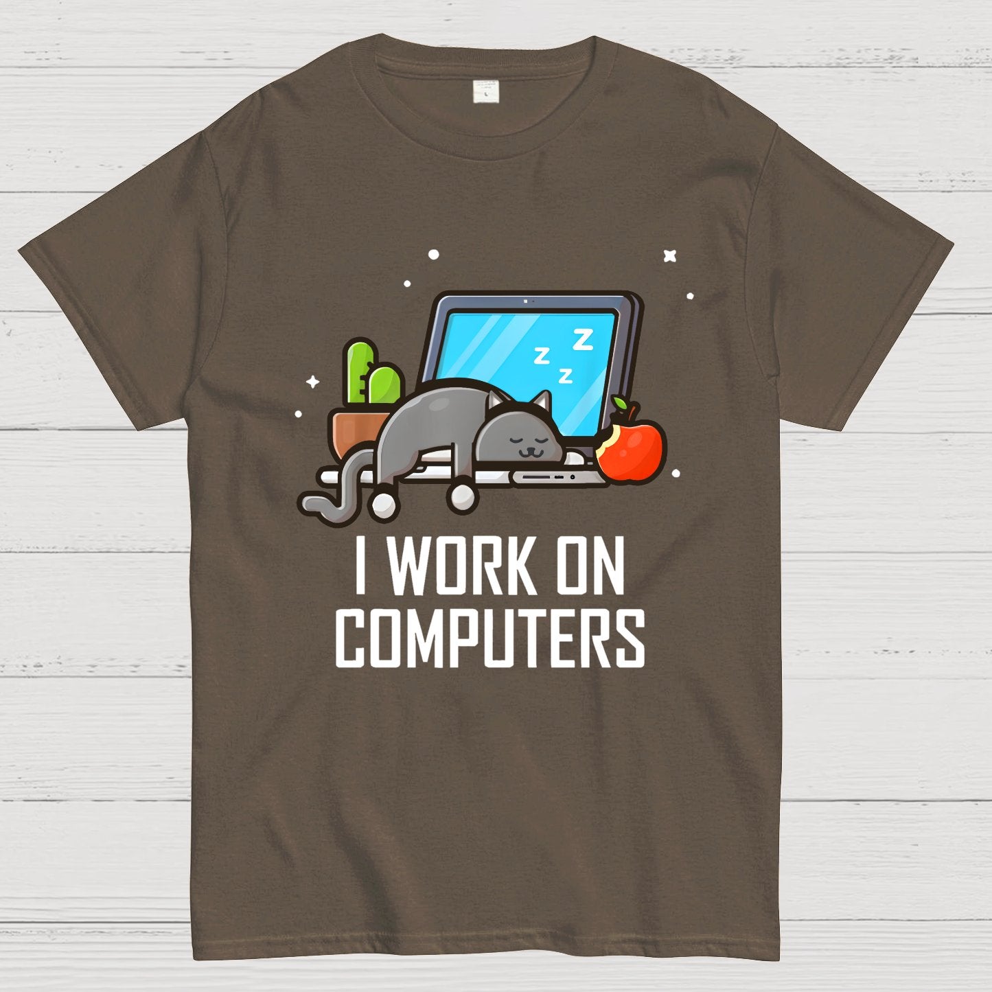 I Work On Computers Funny Cute Tech Coding Cat Geek T-Shirt