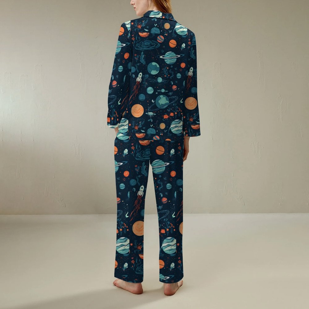 Space Planet Rocket Art Print Geek Long Sleeve Pajama Set