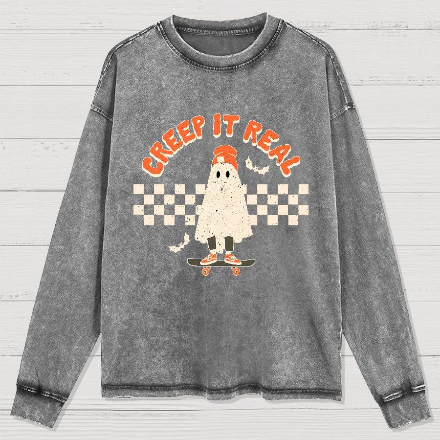 Creep it Real Vintage Ghost Halloween Washed Long Sleeve Tee