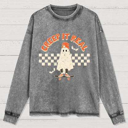 Creep it Real Vintage Ghost Halloween Washed Long Sleeve Tee