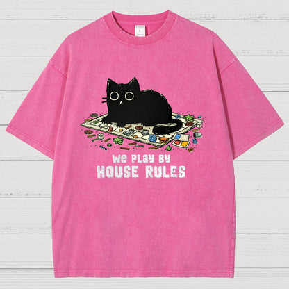 We Play By House Rules Funny Cat Vintage Distressed T-shirt