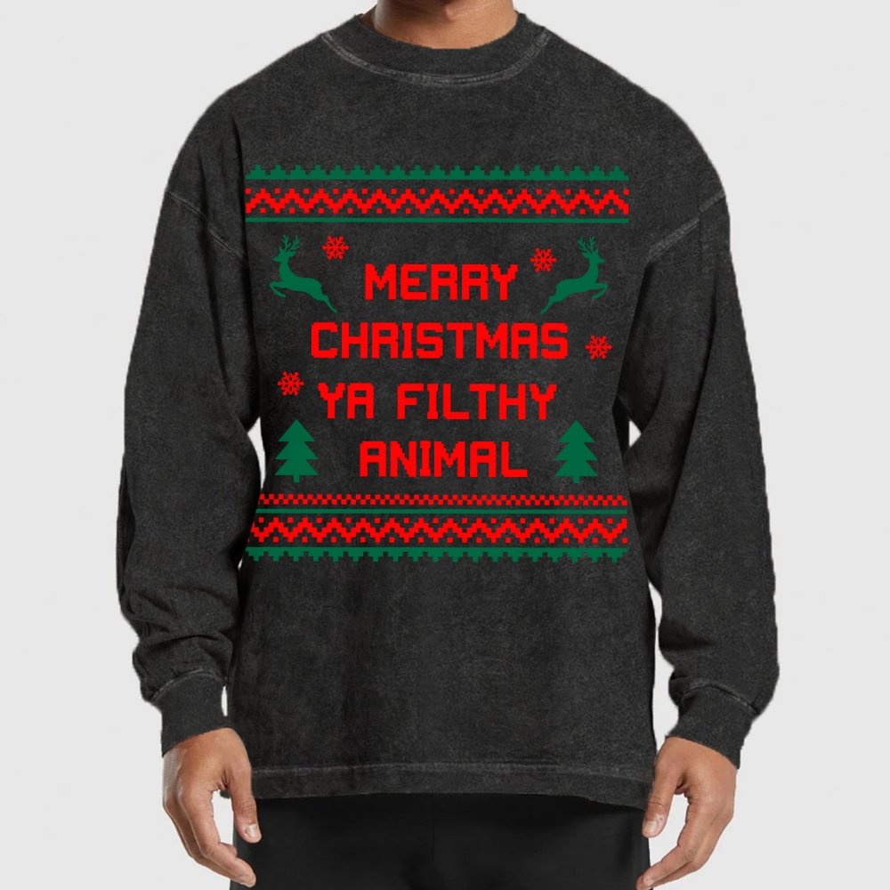 Merry Christmas Ya Filthy Animal  funny Washed Long Sleeve Tee