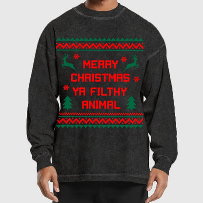 Merry Christmas Ya Filthy Animal  funny Washed Long Sleeve Tee