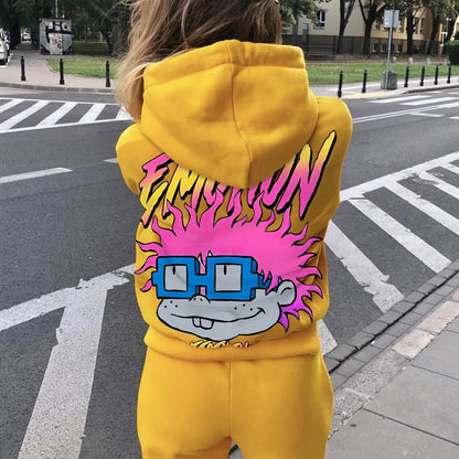 Vintage Cartoon Monster Graphic Print Printed Back Cotton Hoodie