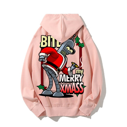 Happy Christmas From Robot Printed Back Cotton Hoodie