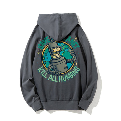 Save The Planet Kill All Humans Geek Printed Back Cotton Hoodie