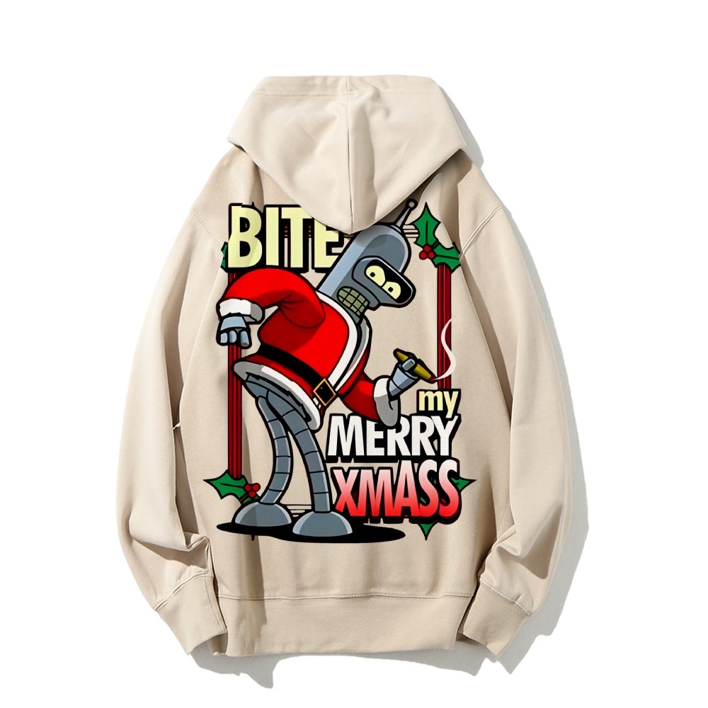 Happy Christmas From Robot Printed Back Cotton Hoodie