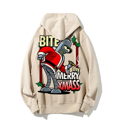 Happy Christmas From Robot Printed Back Cotton Hoodie