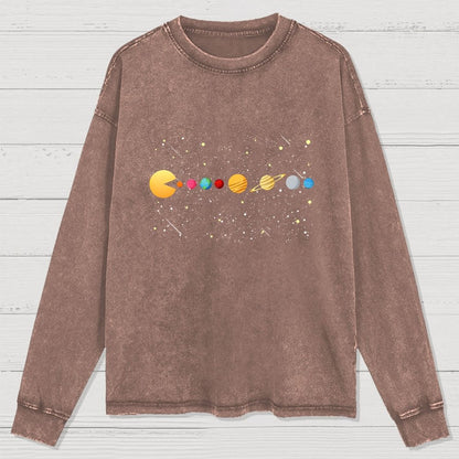Funny Solar System - Astronauts Space Video Games Washed Long Sleeve Tee