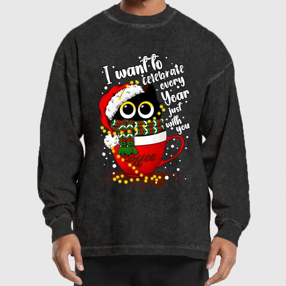 Christmas Cat Washed Long Sleeve Tee