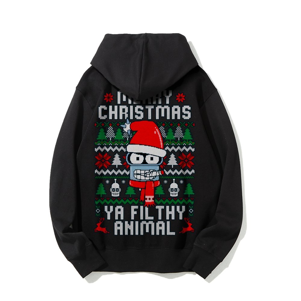 Merry Christmas Ya Filthy Animal Printed Back Cotton Hoodie