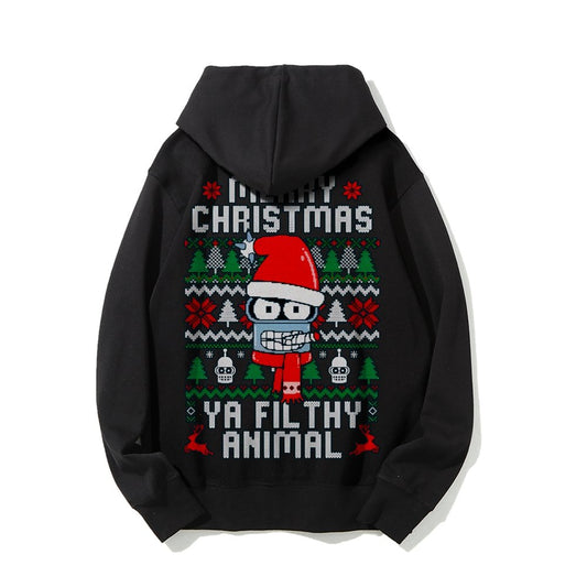 Merry Christmas Ya Filthy Animal Printed Back Cotton Hoodie