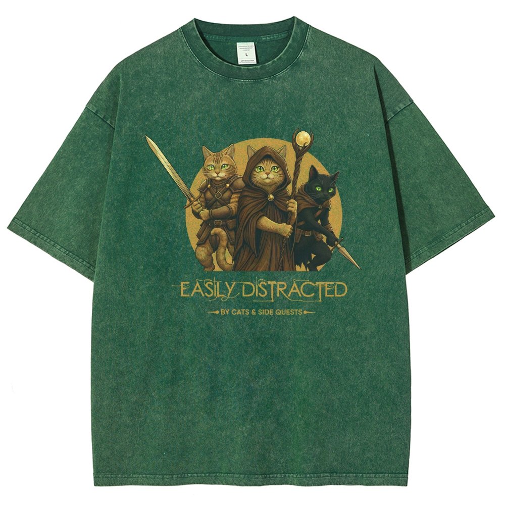 Easily Distracted By Cats And Side Quests Vintage Distressed T-shirt