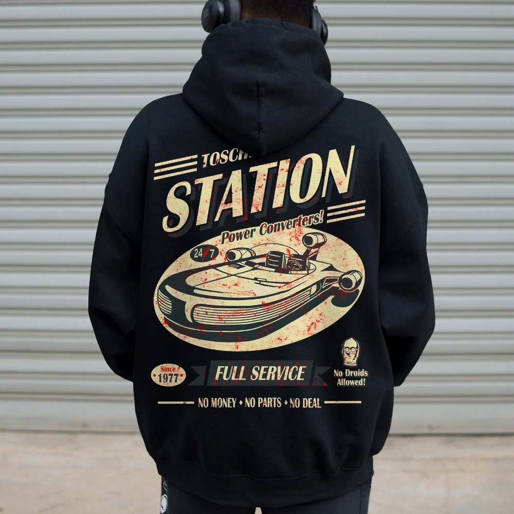 Classic Printed Back Cotton Hoodie with a Fictitious Location Design
