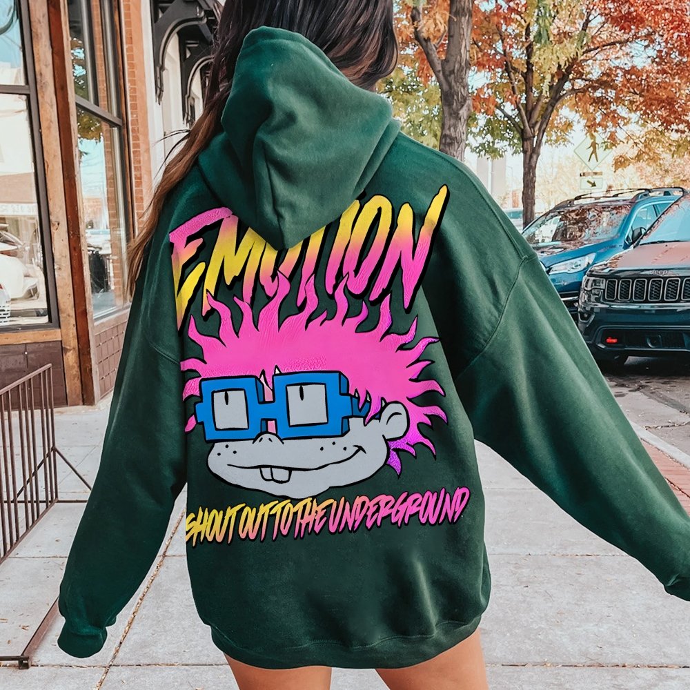 Vintage Cartoon Monster Graphic Print Printed Back Cotton Hoodie